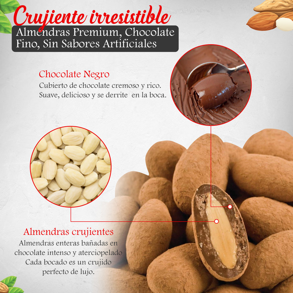 Almendras garrapiñadas con chocolate negro y polvo de cacao