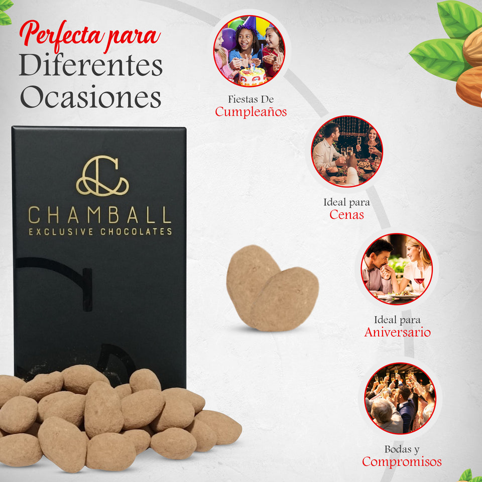 Almendras garrapiñadas con chocolate negro y polvo de cacao